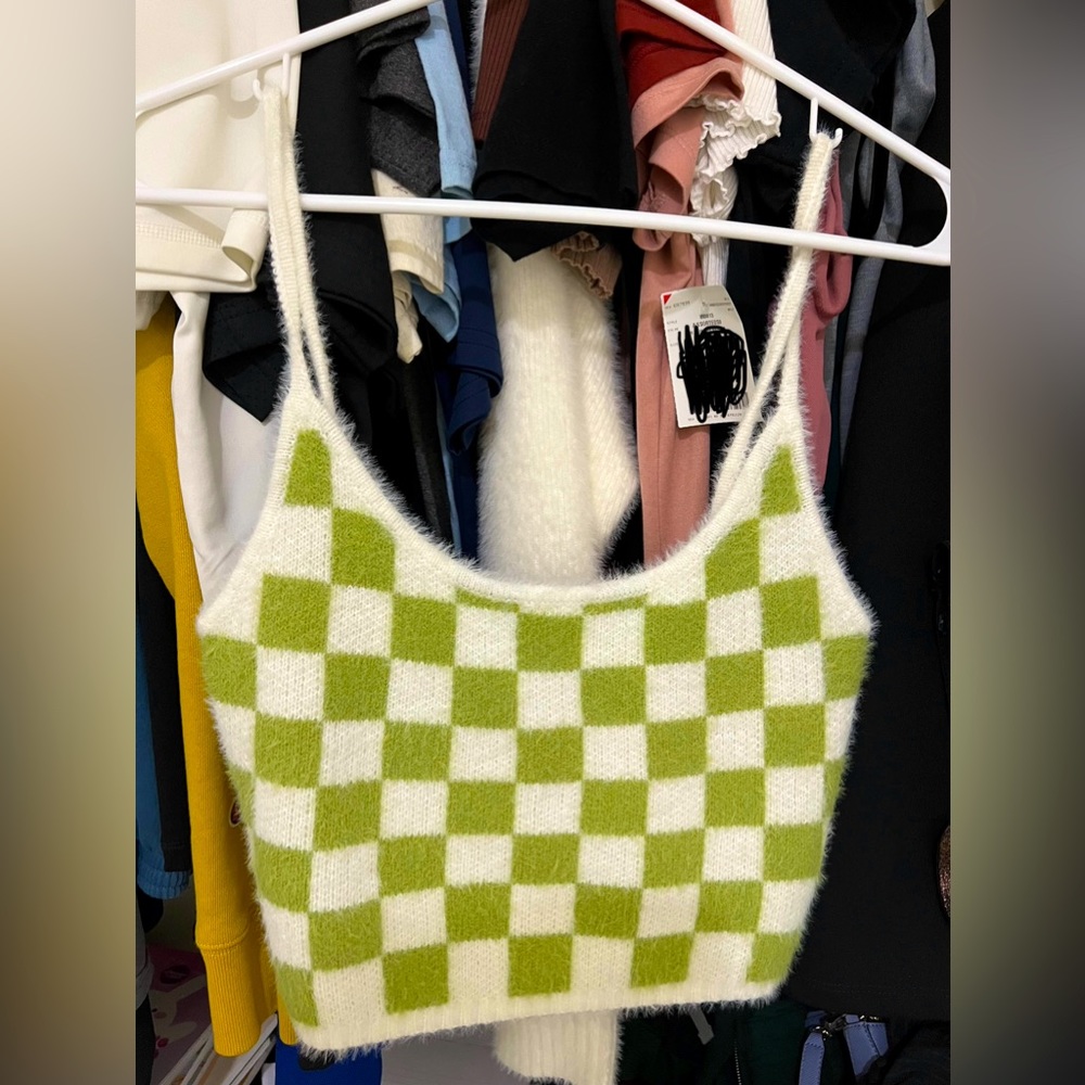 Pacsun L.A. Hearts Green Checkered Fuzzy Top